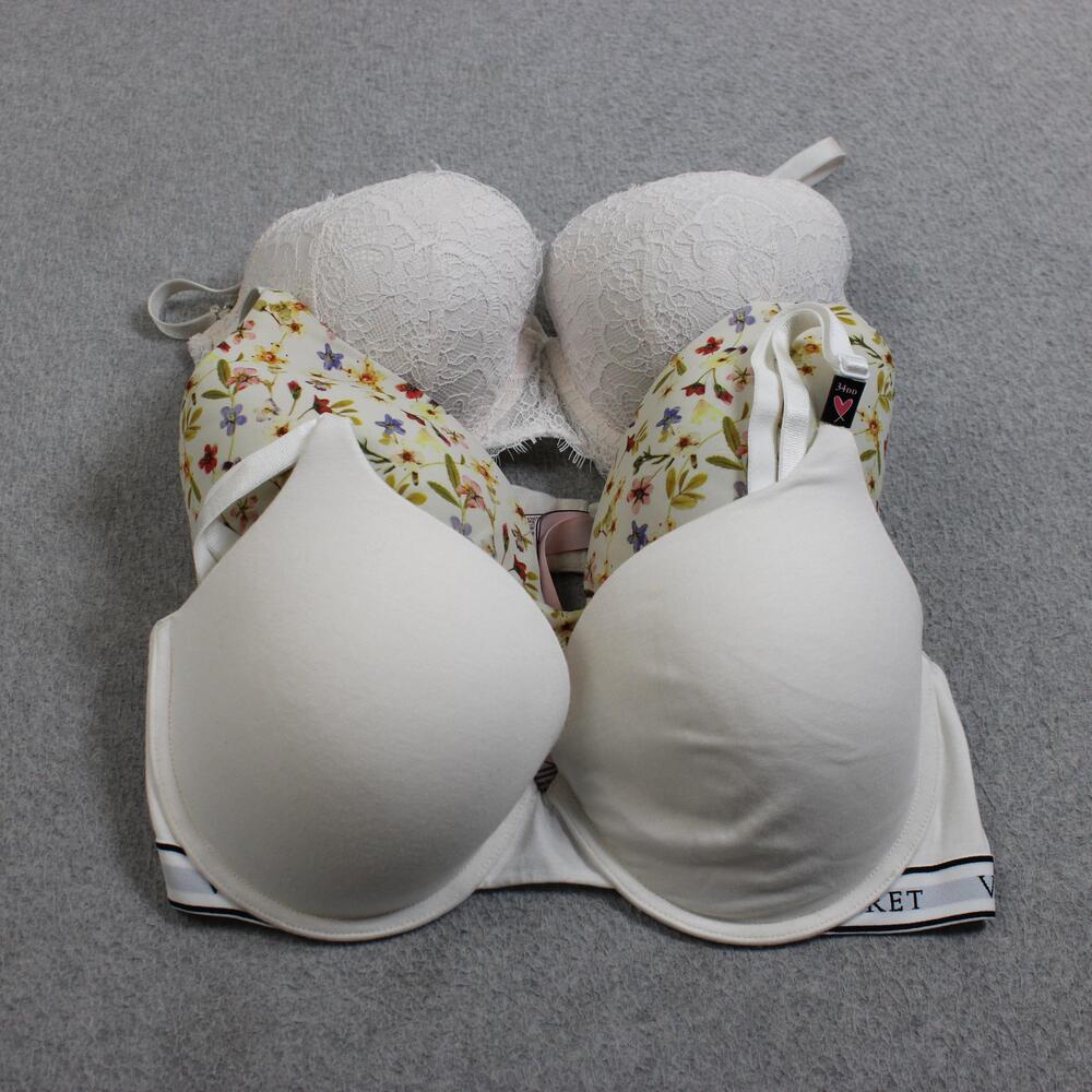 Victoria's Secret Bras Women 34DD White Floral Lace Push Up Dream Angel Lot X 2